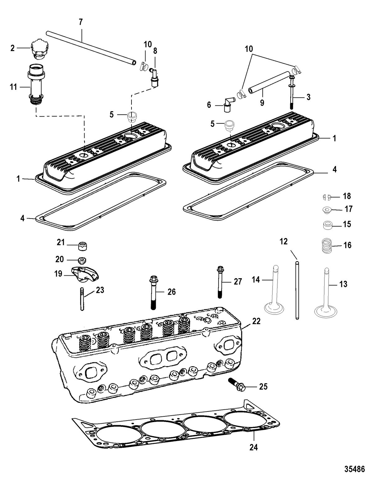 MERCRUISER 350 MAGNUM MPI ALPHA/BRAVO (GEN+) ENGINE CYLINDER HEAD AND ROCKER COVER