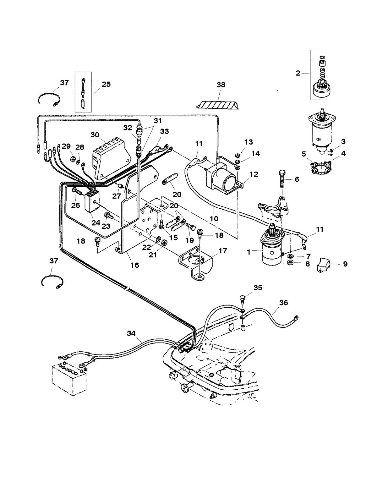 MARINER 30 H.P. (2 CYL./430 CC) ELECTRIC STARTER COMPONENTS