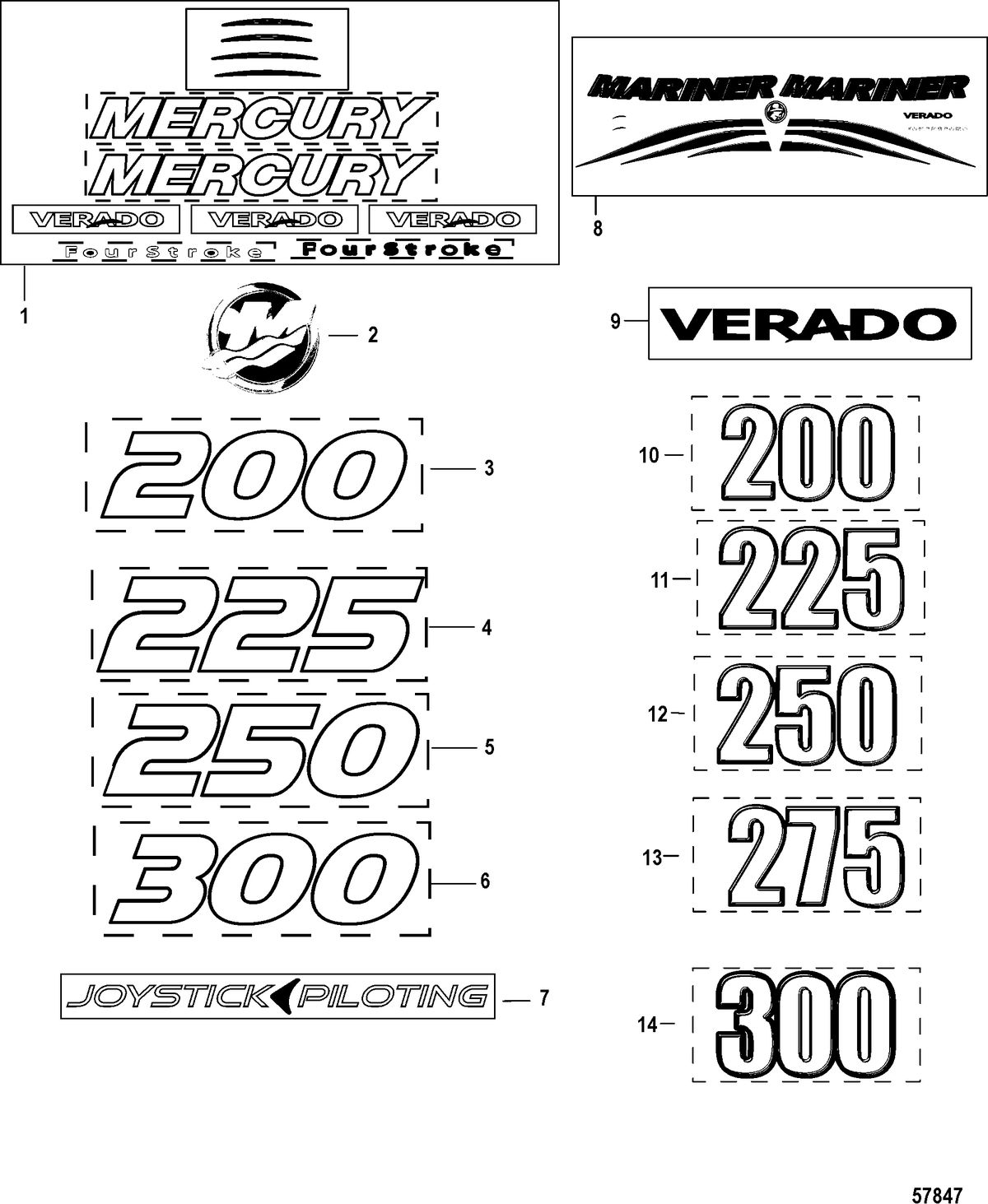 MERCURY/MARINER 200/225/250/275/300 VERADO (4-STROKE)(6 CYLINDER) Decals - Top Cowl
