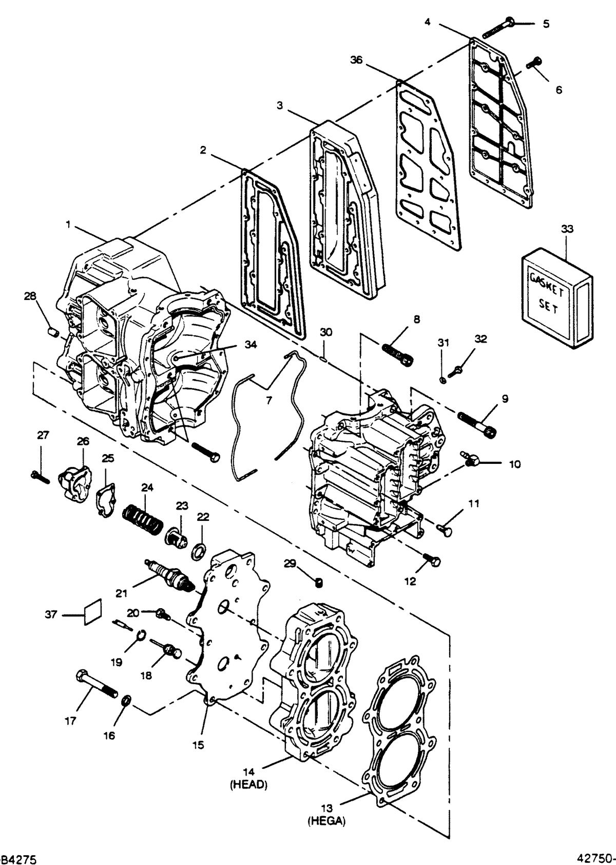 FORCE FORCE 1989 50 H.P. "B" MODELS CYLINDER BLOCK, HEAD AND EXHAUST CHEST COVER