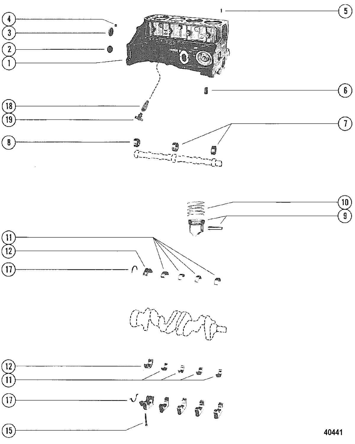 MERCRUISER 120 ENGINE CYLINDER BLOCK, PISTON AND BEARINGS