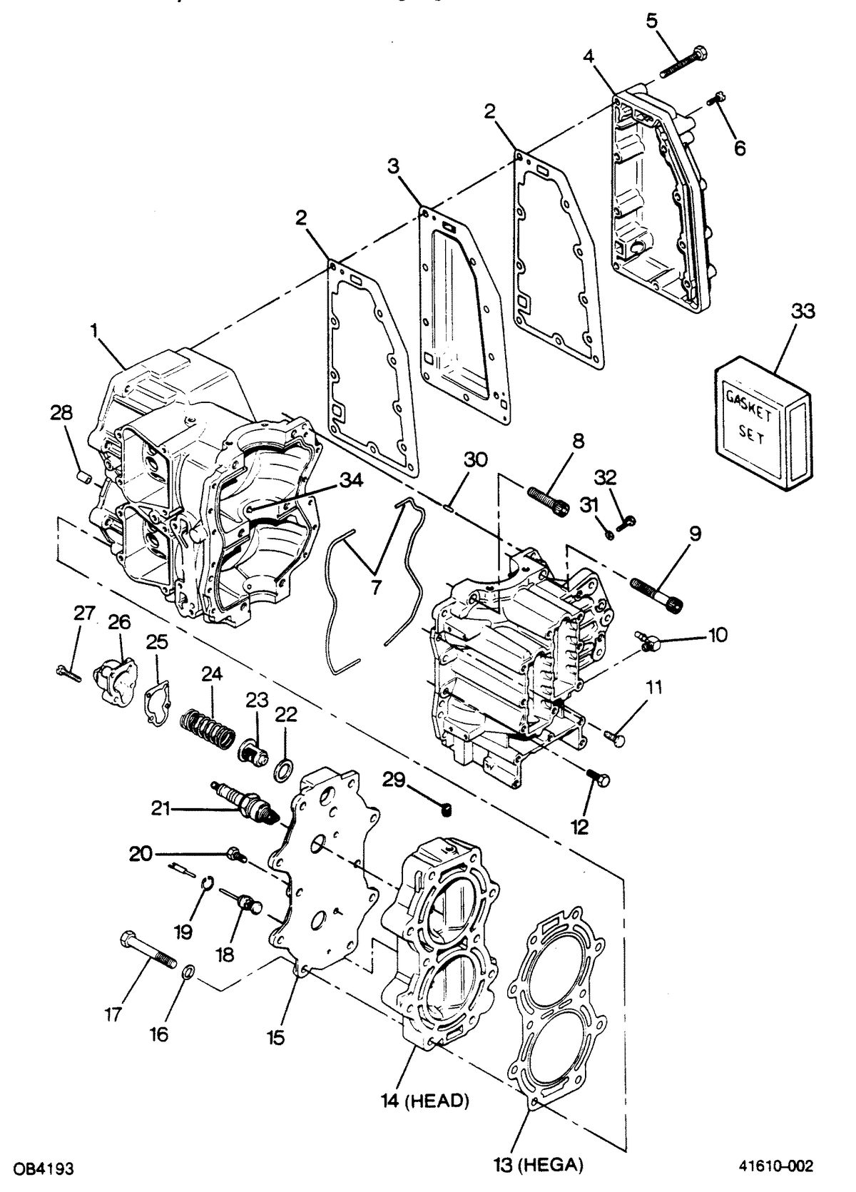 FORCE FORCE 1988 50 H.P. "B" MODELS CYLINDER BLOCK, HEAD AND EXHAUST CHEST COVER
