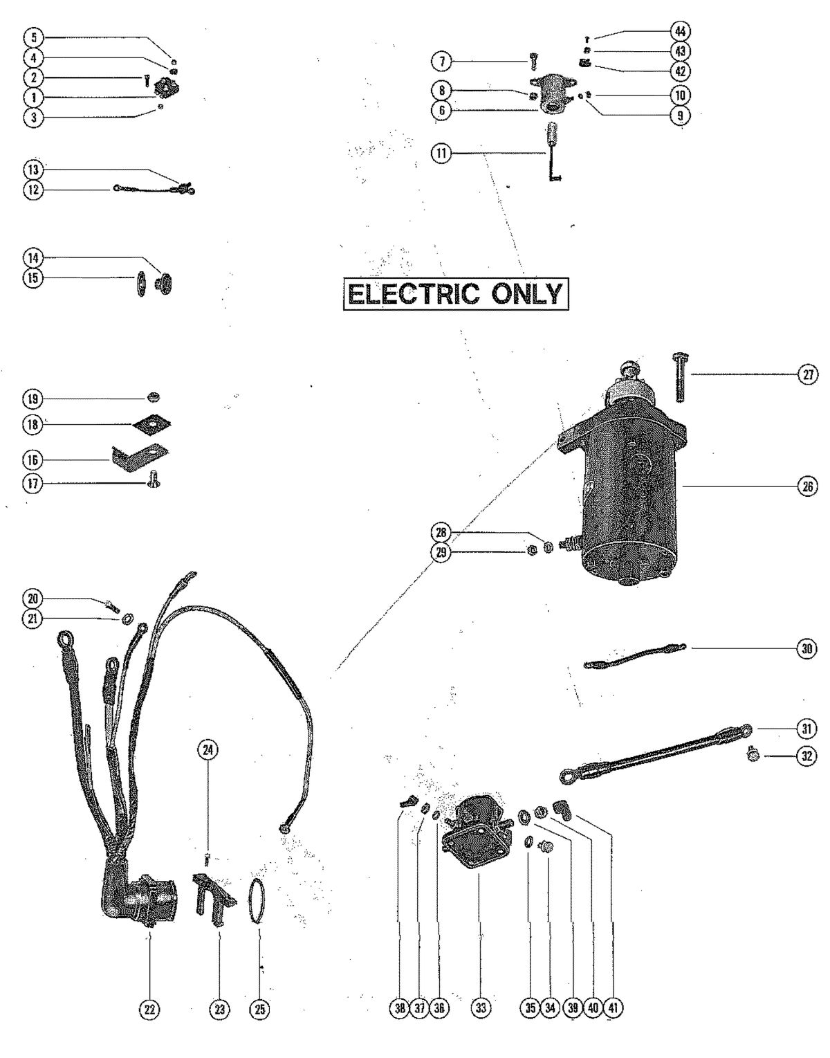 MERCURY MERC 402 STARTER MOTOR, RECTIFIER AND WIRING HARNESS
