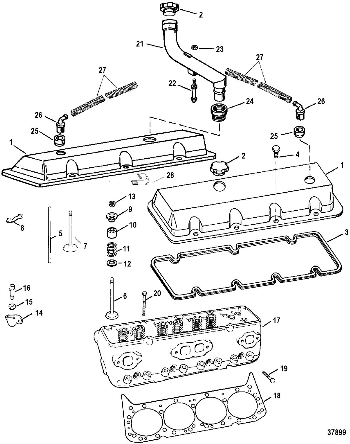 MERCRUISER 7.4L BRAVO I, II, III, ENGINE CYLINDER HEAD AND ROCKER COVER(454 MAGNUM)