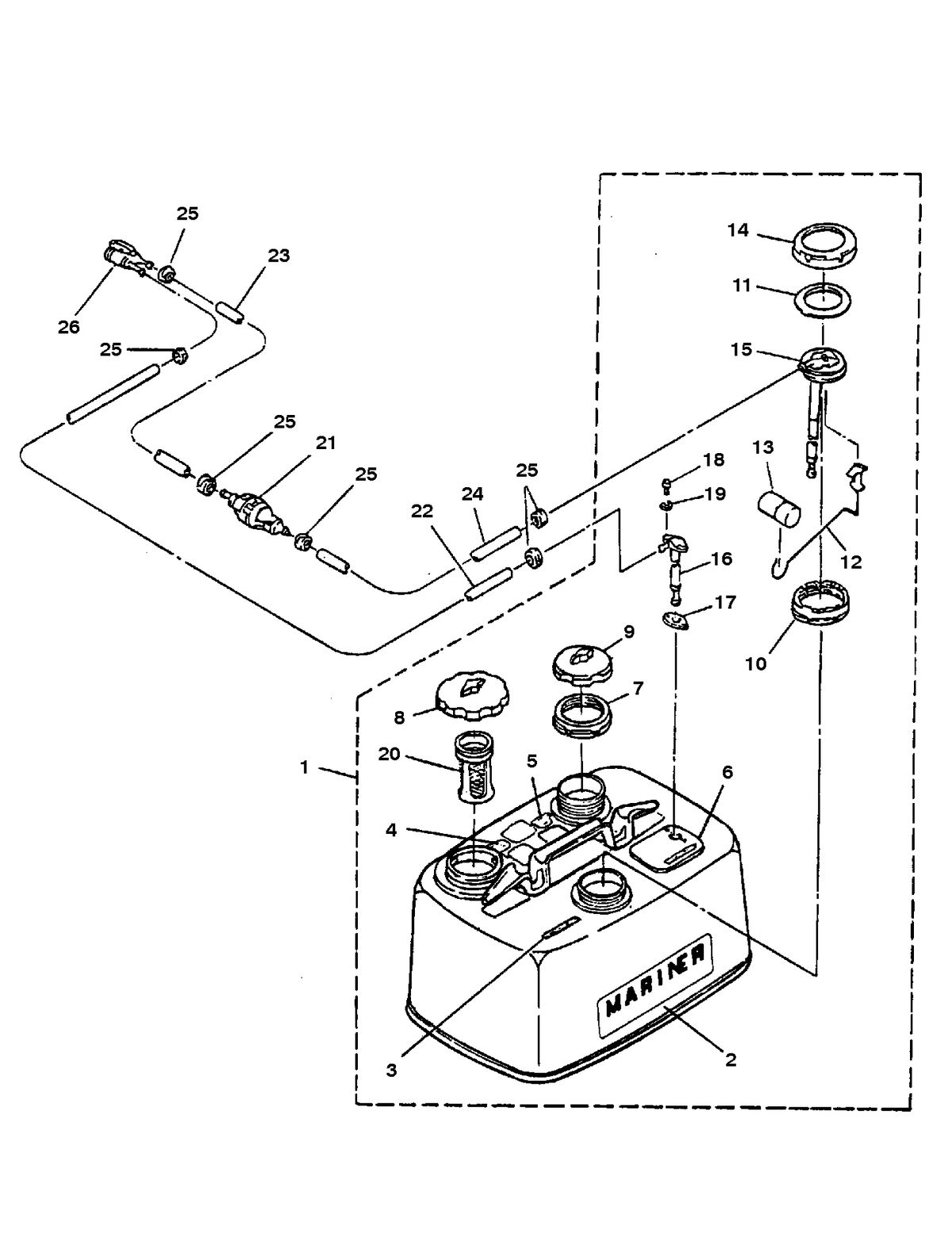 MERCURY/MARINER 15 H.P. K FUEL TANK AND FUEL LINE ASSEMBLY