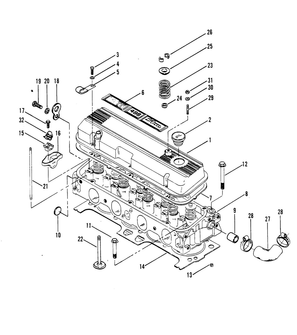 MERCRUISER 488R ENGINE CYLINDER HEAD AND ROCKER COVER