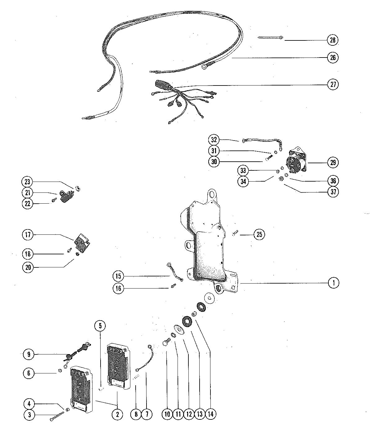 MERCURY MERC V-225 WIRING HARNESS, STARTER SOLENOID AND RECTIFIER
