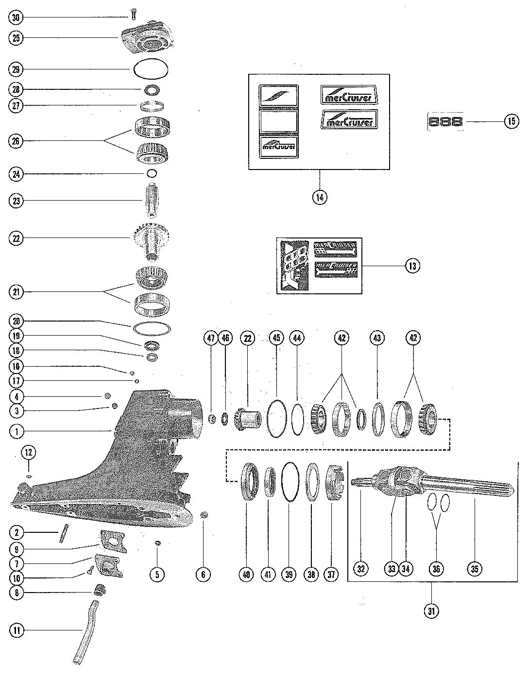 MERCRUISER 888 STERN DRIVE (1.50) RATIO DRIVE SHAFT HOUSING ASSEMBLY AND GEAR ASSEMBLY