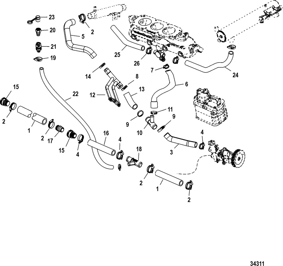 MERCRUISER 496 MAG STERNDRIVE EC Cooling System, Raw Water, Starboard (SN 1A349419 and Below)
